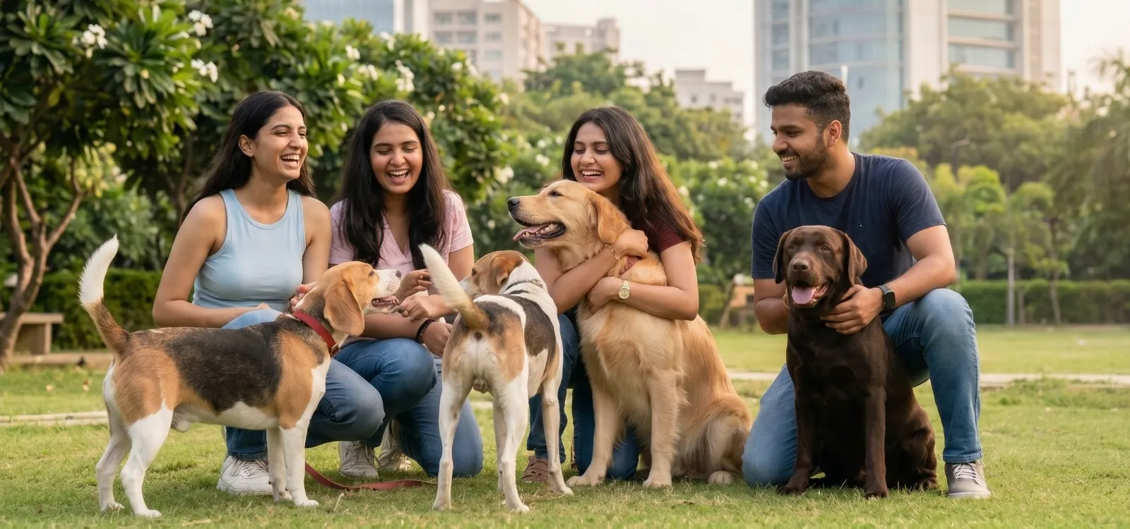 Happy family with pets